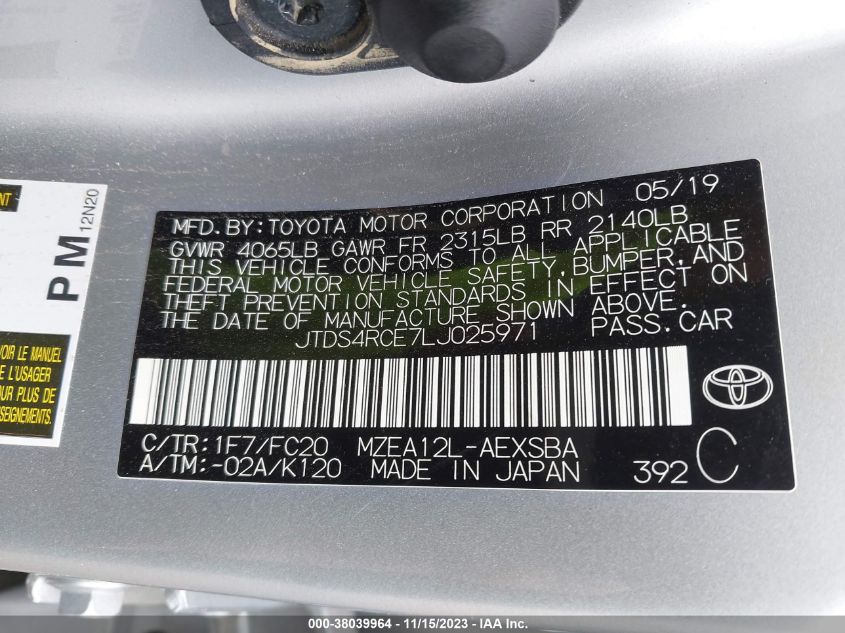 2020 Toyota Corolla Se VIN: JTDS4RCE7LJ025971 Lot: 38039964