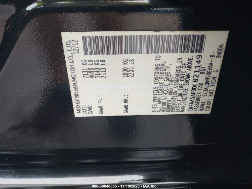 2013 Nissan Maxima 3.5 S VIN: 1N4AA5AP0DC821149 Lot: 38040055