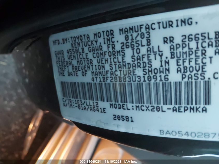 2003 Toyota Avalon Xl/Xls VIN: 4T1BF28B83U310916 Lot: 38040251