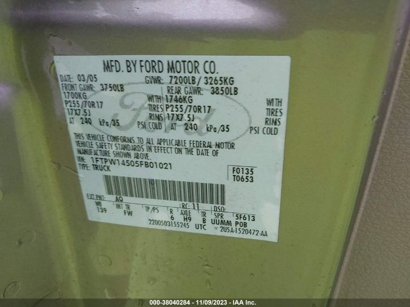 2005 Ford F150 Supercrew VIN: 1FTPW14505FB01021 Lot: 38040284