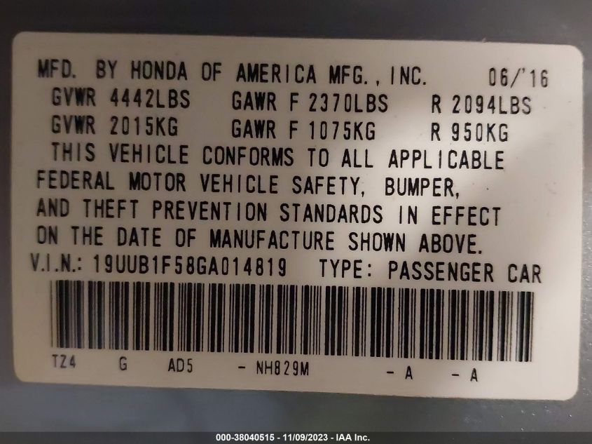 2016 Acura Tlx Tech VIN: 19UUB1F58GA014819 Lot: 38040515