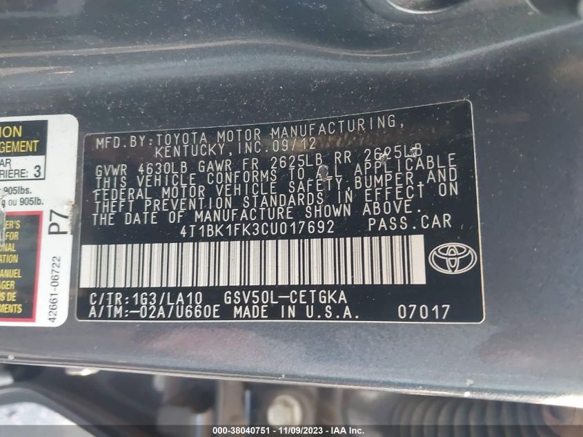 2012 Toyota Camry Xle V6 VIN: 4T1BK1FK3CU017692 Lot: 38040751