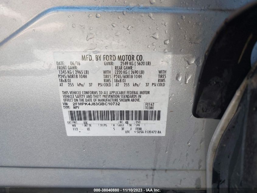 2016 Ford Edge Sel VIN: 2FMPK4J83GBC10732 Lot: 38040880