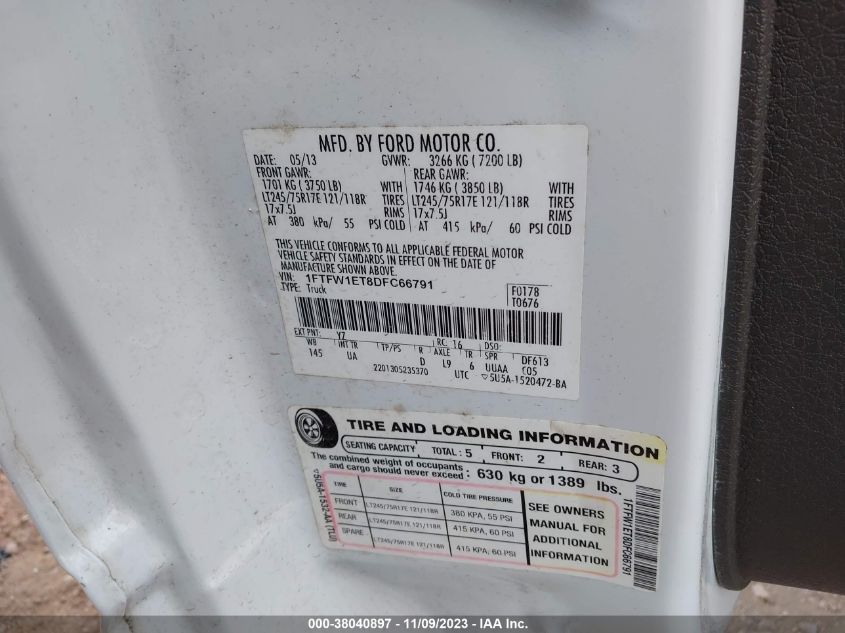 2013 Ford F-150 Xl/Xlt/Fx4/Lariat VIN: 1FTFW1ET8DFC66791 Lot: 38040897