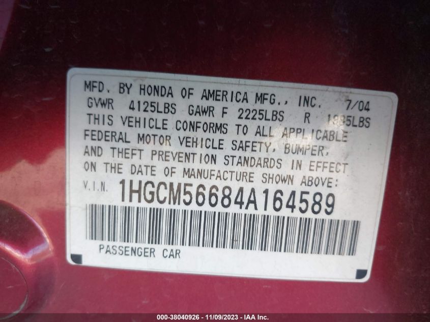 2004 Honda Accord Sdn Ex VIN: 1HGCM56684A164589 Lot: 38040926