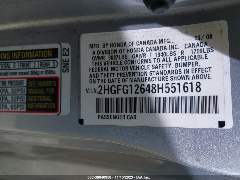 2008 Honda Civic Lx VIN: 2HGFG12648H551618 Lot: 38040958