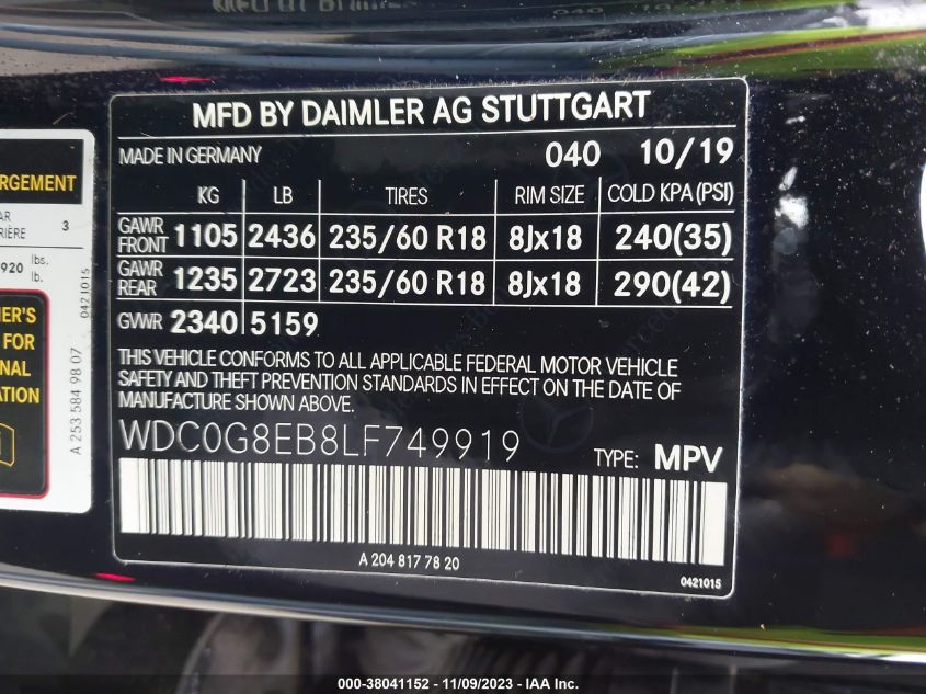 2020 Mercedes-Benz Glc 300 VIN: WDC0G8EB8LF749919 Lot: 38041152