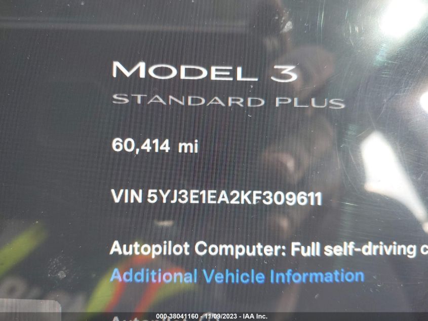 2019 Tesla Model 3 Long Range VIN: 5YJ3E1EA2KF309611 Lot: 38041160