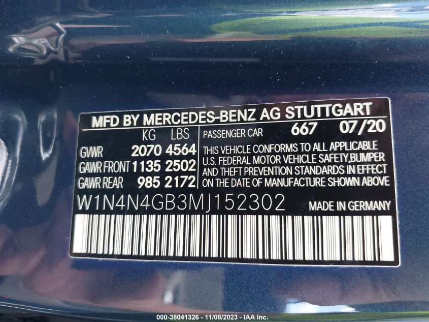 2021 Mercedes-Benz Gla 250 VIN: W1N4N4GB3MJ152302 Lot: 38041326