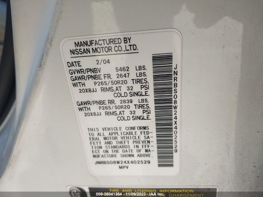 2004 Infiniti Fx45 VIN: JNRBS08W24X402529 Lot: 38041364