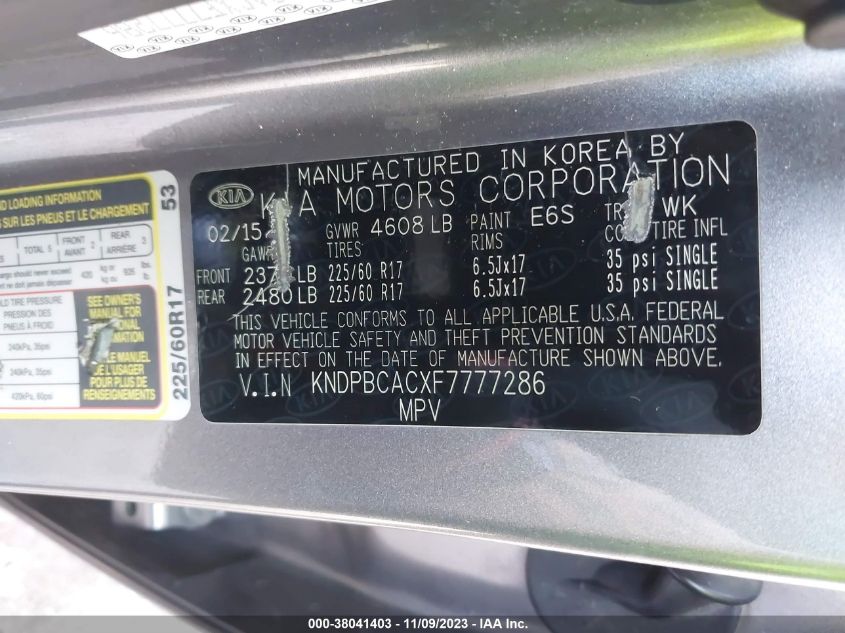 KNDPBCACXF7777286 2015 Kia Sportage Lx