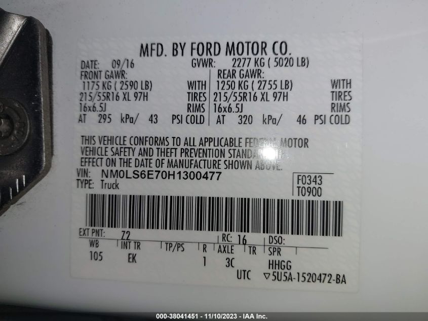 2017 Ford Transit Connect Xl VIN: NM0LS6E70H1300477 Lot: 38041451