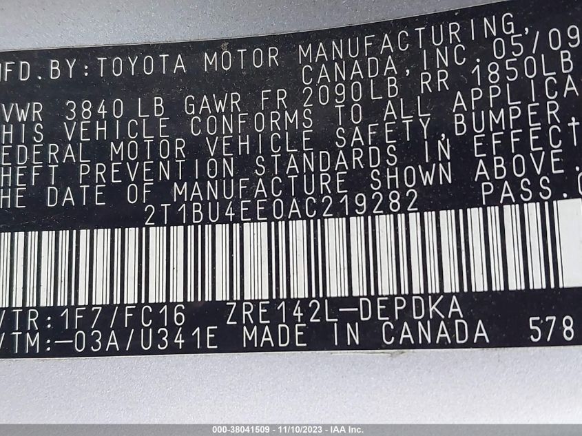 2010 Toyota Corolla Le VIN: 2T1BU4EE0AC219282 Lot: 38041509