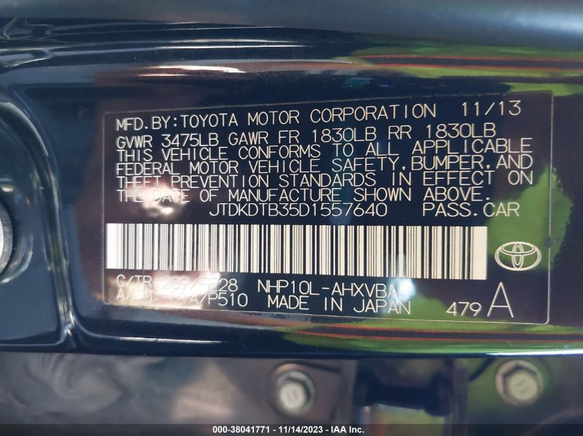 2013 Toyota Prius C One/Two/Three/Four VIN: JTDKDTB35D1557640 Lot: 38041771