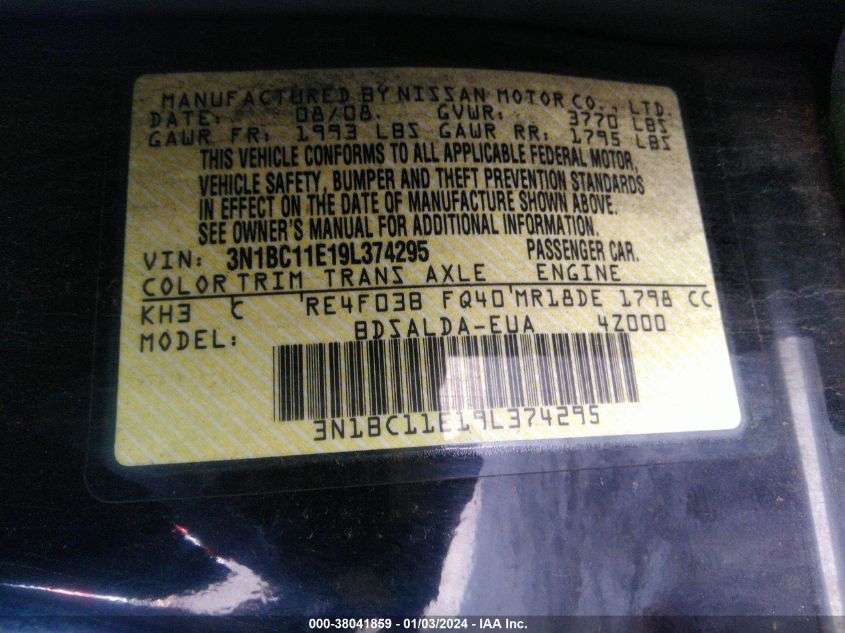 2009 Nissan Versa 1.8 S VIN: 3N1BC11E19L374295 Lot: 38041859