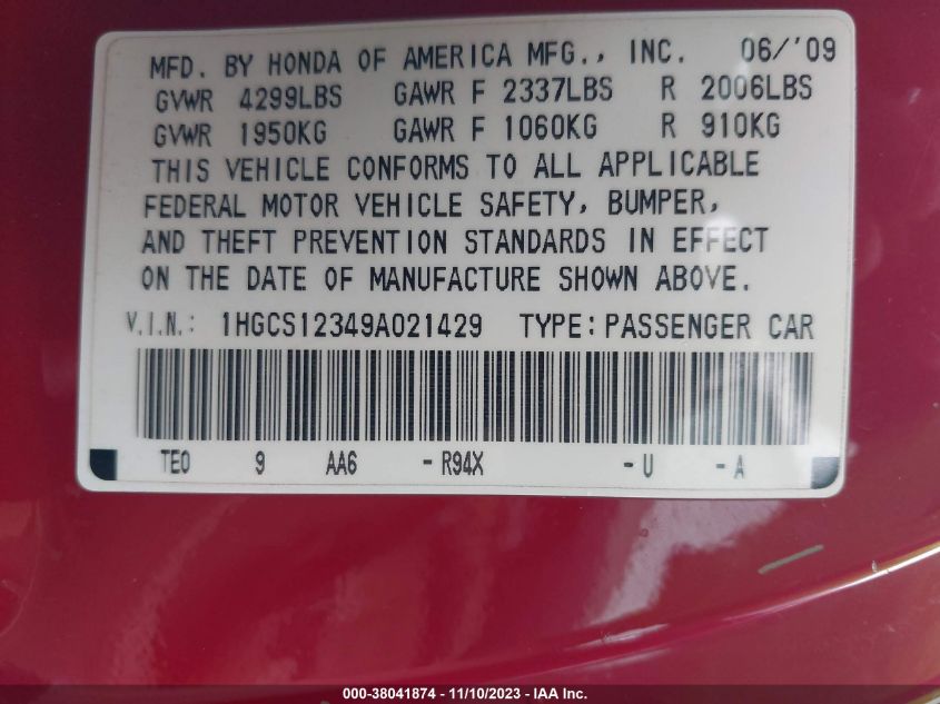 2009 Honda Accord Cpe Lx-S VIN: 1HGCS12349A021429 Lot: 38041874