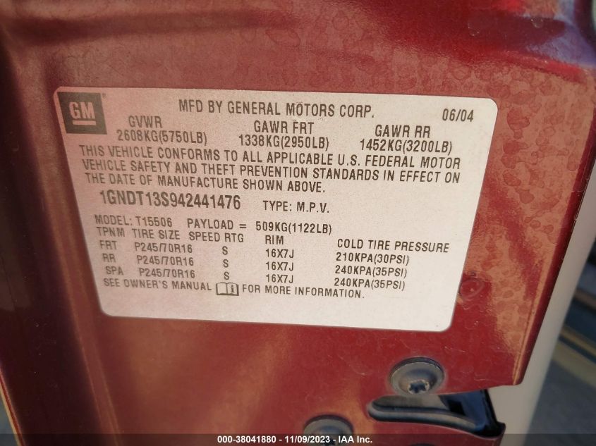 2004 Chevrolet Trailblazer Ls/Lt VIN: 1GNDT13S942441476 Lot: 38041880