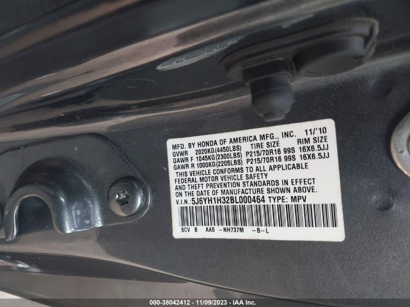 2011 Honda Element Lx VIN: 5J6YH1H32BL000464 Lot: 38042412