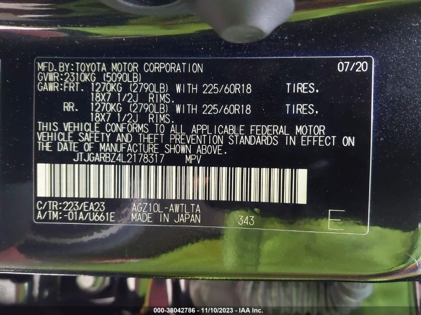 2020 Lexus Nx Nx 300 VIN: JTJGARBZ4L2178317 Lot: 38042786