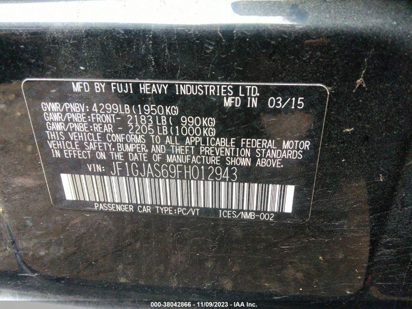 2015 Subaru Impreza Sedan Limited VIN: JF1GJAS69FH012943 Lot: 38042866