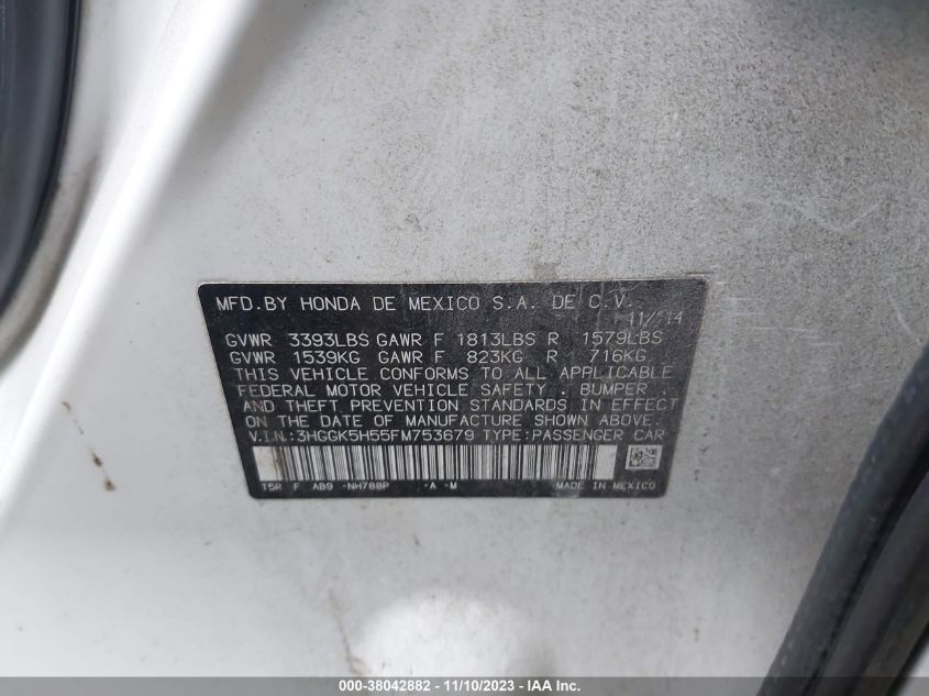 2015 Honda Fit Lx VIN: 3HGGK5H55FM753679 Lot: 38042882