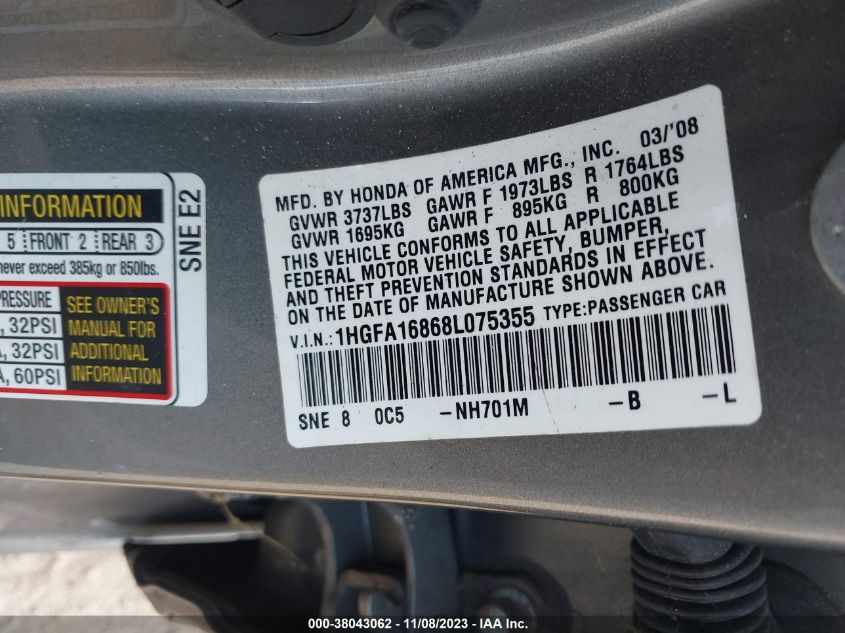 1HGFA16868L075355 2008 Honda Civic Ex