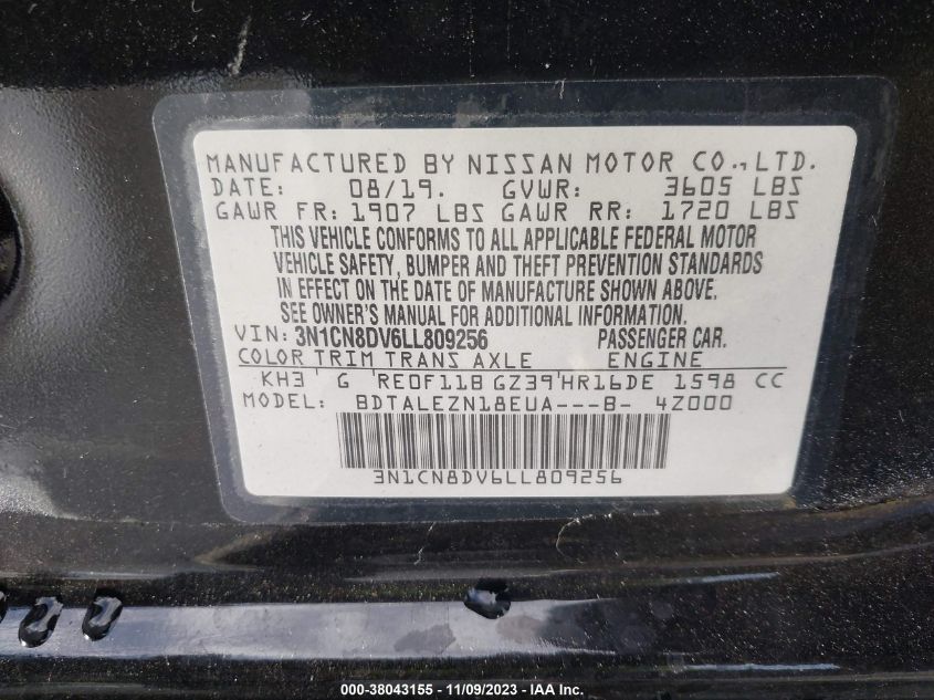 2020 Nissan Versa S Xtronic Cvt VIN: 3N1CN8DV6LL809256 Lot: 38043155