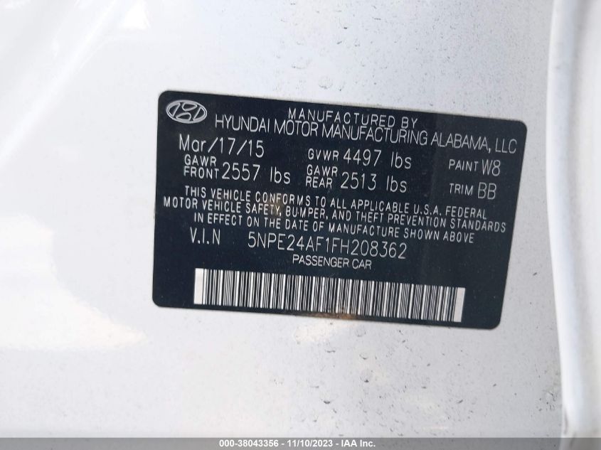 2015 Hyundai Sonata Se VIN: 5NPE24AF1FH208362 Lot: 38043356