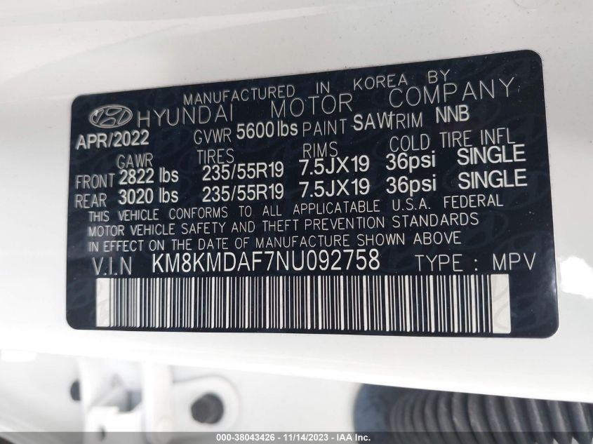 2022 Hyundai Ioniq 5 Se VIN: KM8KMDAF7NU092758 Lot: 38043426