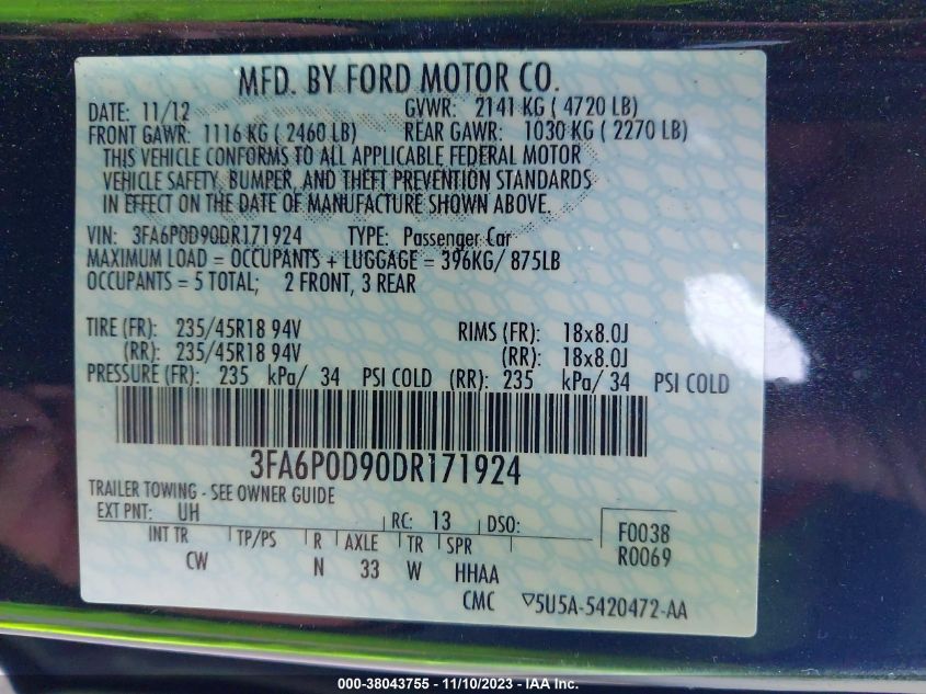 3FA6P0D90DR171924 2013 Ford Fusion