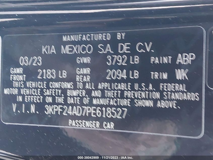 2023 Kia Forte Lxs VIN: 3KPF24AD7PE618527 Lot: 38043989