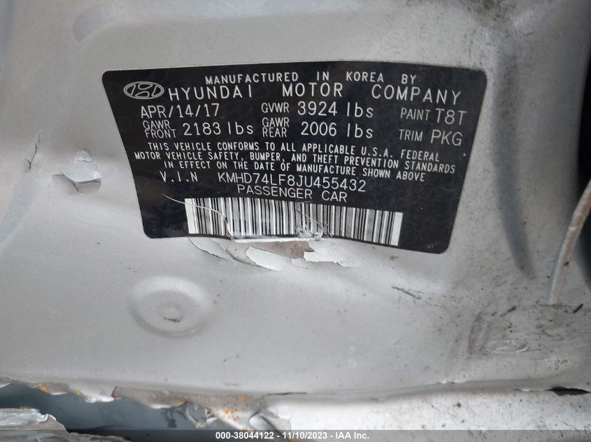 KMHD74LF8JU455432 2018 Hyundai Elantra Se