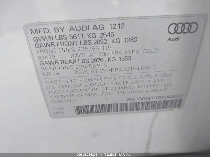 2013 Audi Q5 Premium Plus VIN: WA1DGAFP1DA049032 Lot: 38044203