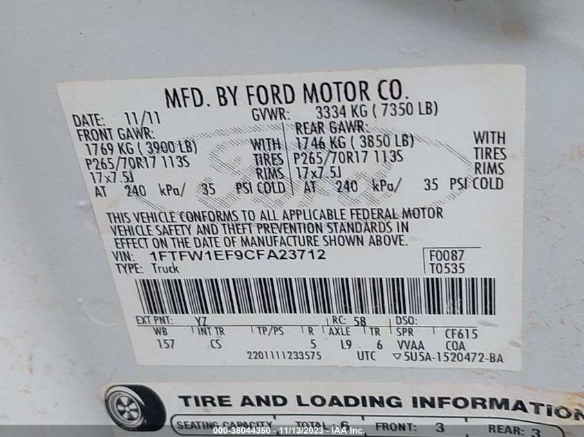 2012 Ford F-150 Xl VIN: 1FTFW1EF9CFA23712 Lot: 38044350