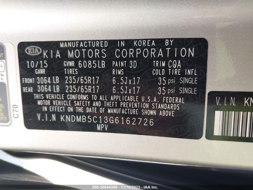 2016 Kia Sedona Lx VIN: KNDMB5C13G6162726 Lot: 38044369