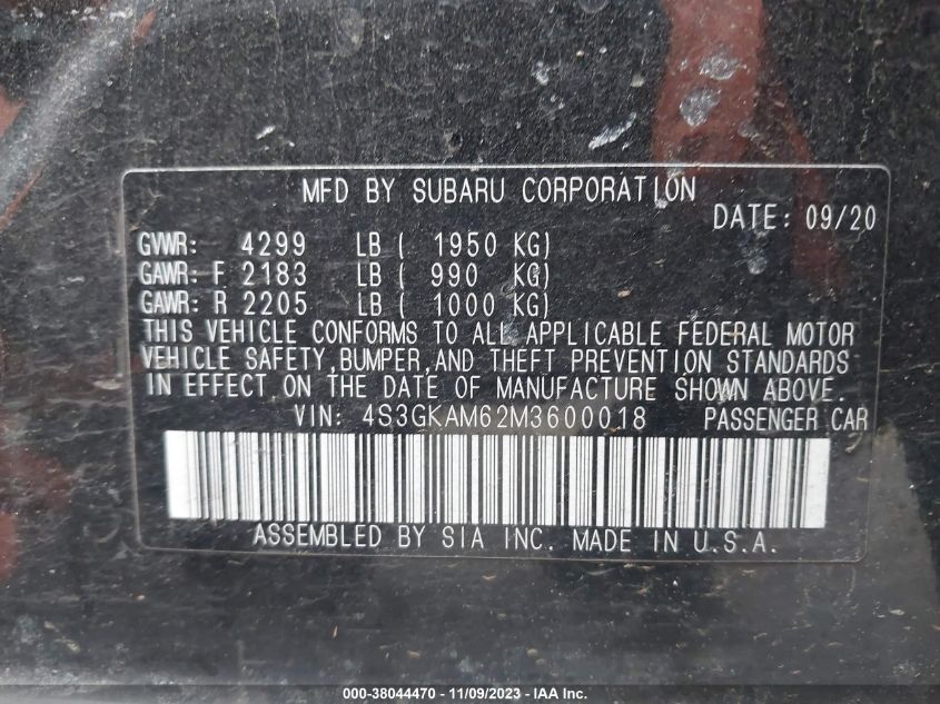 2021 Subaru Impreza Sport VIN: 4S3GKAM63M3601887 Lot: 38044470