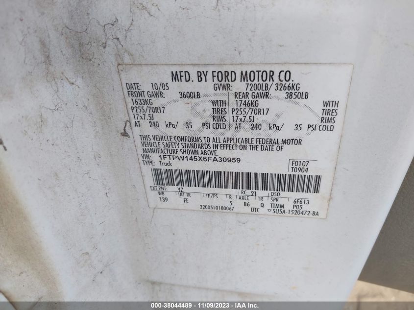 1FTPW145X6FA30959 2006 Ford F150 Supercrew