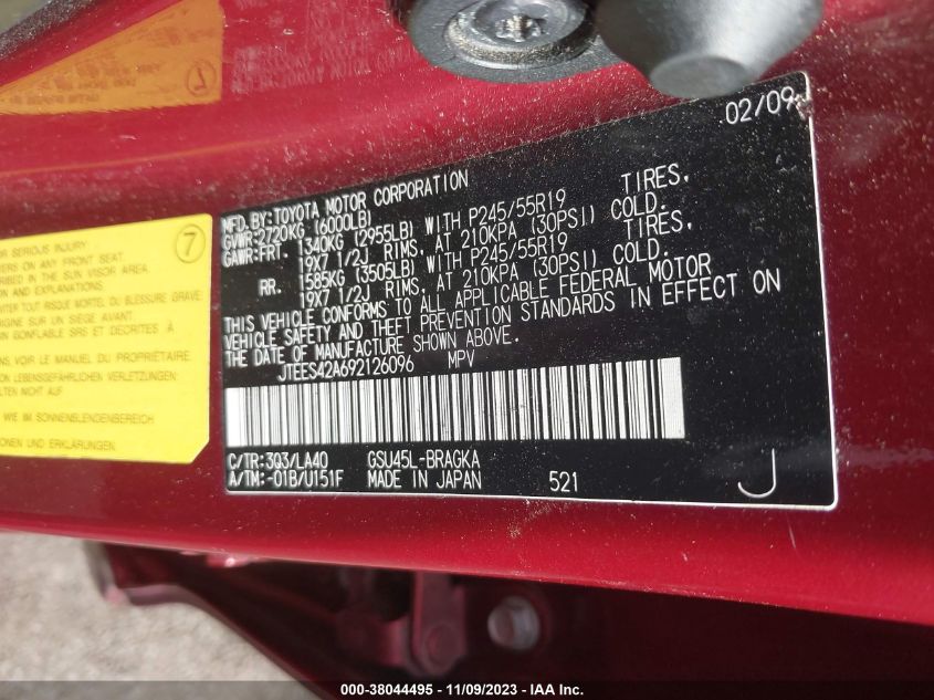 2009 Toyota Highlander Limited VIN: JTEES42A692126096 Lot: 38044495