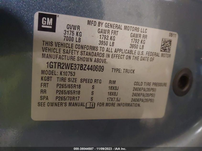 2011 GMC Sierra 1500 Slt VIN: 1GTR2WE37BZ440609 Lot: 38044587