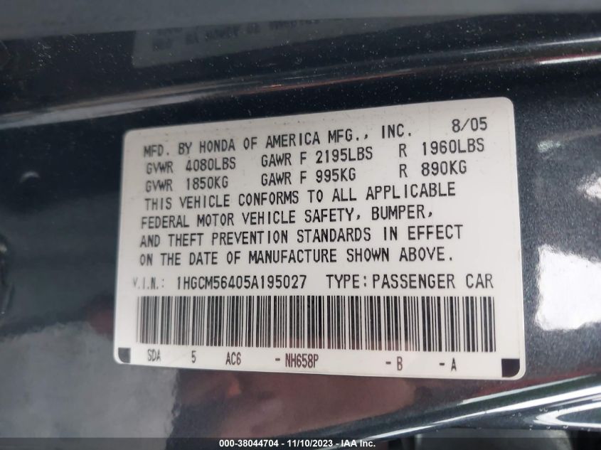 2005 Honda Accord 2.4 Lx VIN: 1HGCM56405A195027 Lot: 38044704