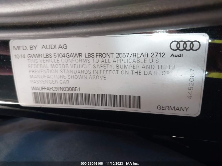 2015 Audi A6 2.0T Premium VIN: WAUFFAFC9FN030851 Lot: 38045108