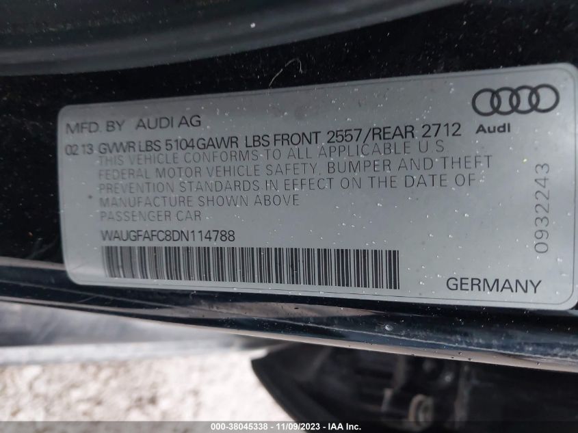 2013 Audi A6 2.0T Premium VIN: WAUGFAFC8DN114788 Lot: 38045338