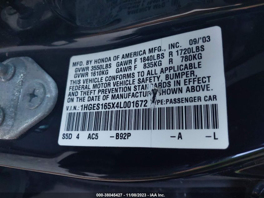 1HGES165X4L001672 2004 Honda Civic Lx