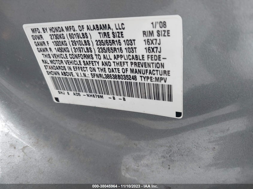 2008 Honda Odyssey Ex-L VIN: 5FNRL38638B035248 Lot: 38045964