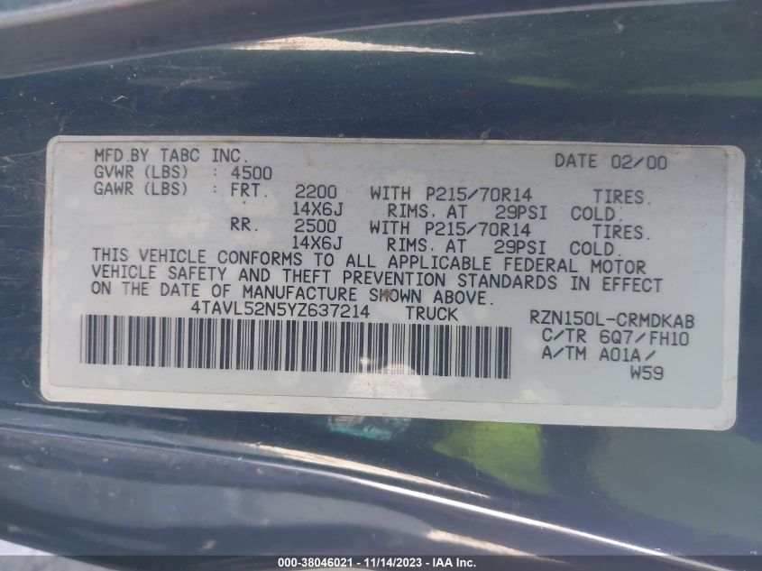 2000 Toyota Tacoma VIN: 4TAVL52N5YZ637214 Lot: 38046021