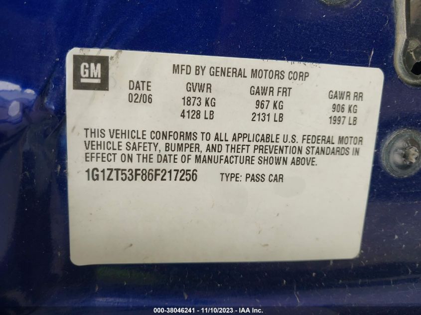 2006 Chevrolet Malibu Lt VIN: 1G1ZT53F86F217256 Lot: 38046241