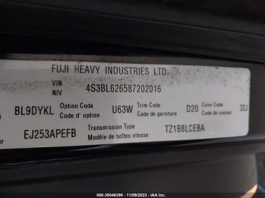 2008 Subaru Legacy 2.5I Limited VIN: 4S3BL626587202016 Lot: 38046390