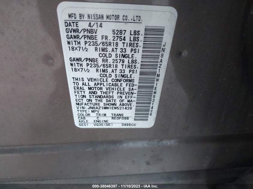 2014 Nissan Murano S VIN: JN8AZ1MW1EW521428 Lot: 38046397