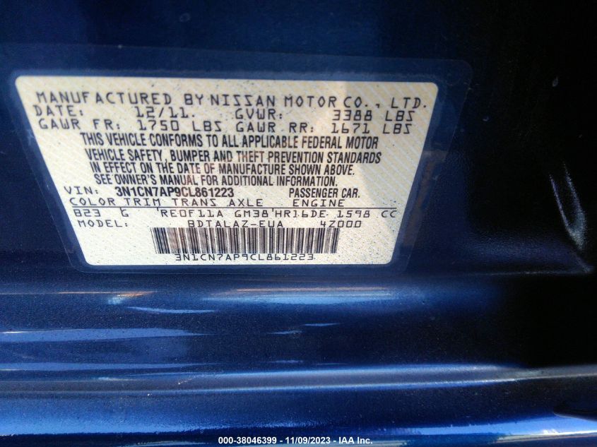 2012 Nissan Versa S/Sv/Sl VIN: 3N1CN7AP9CL861223 Lot: 38046399