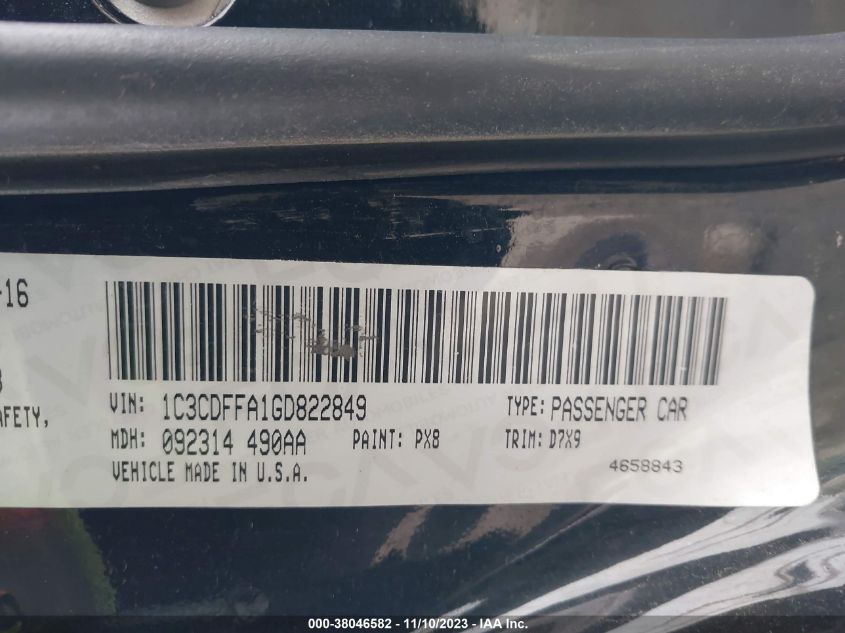 2016 Dodge Dart Sxt Sport Blacktop VIN: 1C3CDFFA1GD822849 Lot: 38046582